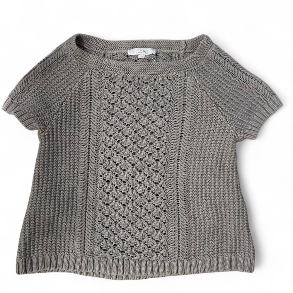 Ann Taylor Loft Grey Short Sleeve Sweater Boat Neck Cable Knit Pointelle Top L